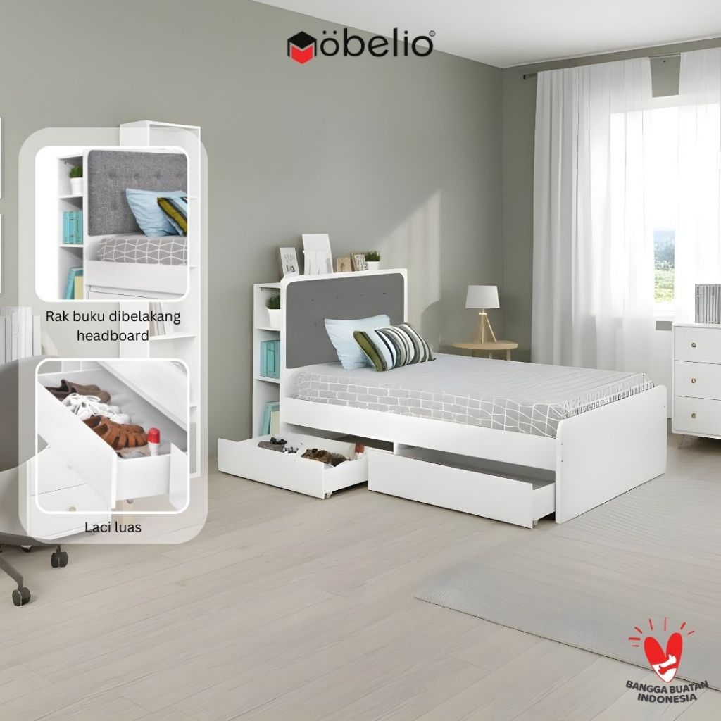MOBELIO - Ranjang Dipan Kayu Tempat Tidur Single Laci Rak Buku 120 / 160 / 180 x 200 Modern Minimali