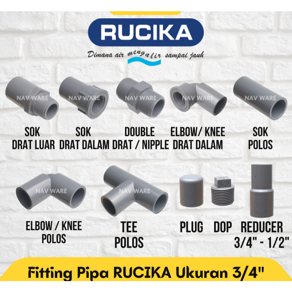 RUCIKA Fiting 3/4 Inch Pipa PVC Type AW Soket Sok Elbow Knee Drat Dalam / Luar Dop Tee / T