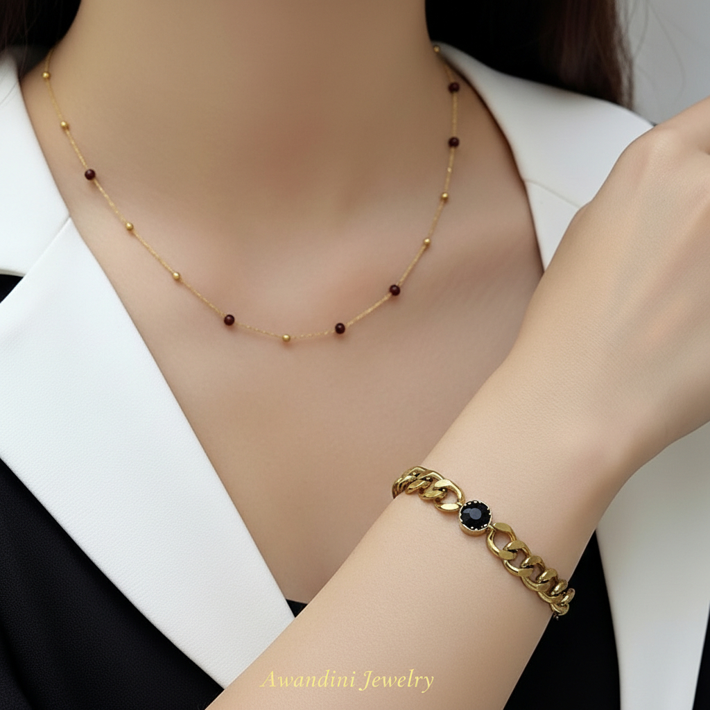 Kalung Batu Merah Ritika dengan Gelang Rantai Sisik Mata Hitam Cocok untuk Pesta Bahan Titanium Awna
