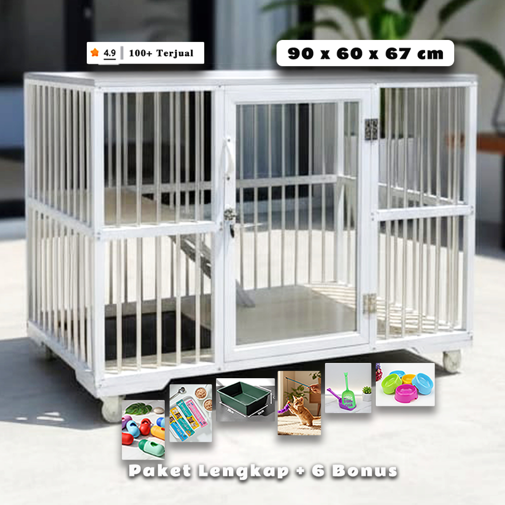 Kandang kucing aluminium putih 1 pintu 90x60x67 cm alas keramik asli Anti karat + bonus 6 Item (Jawa