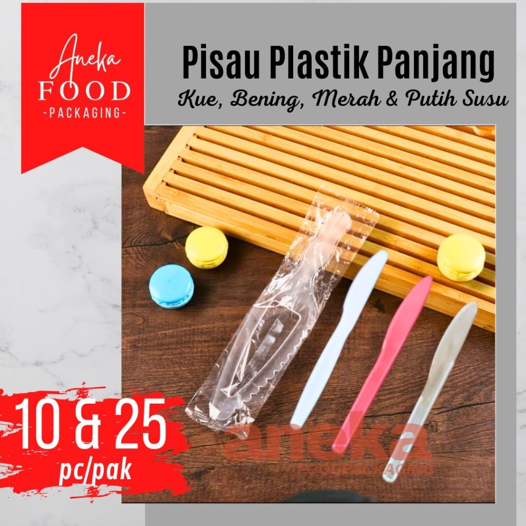 Pisau makan plastik kue tart BENING, MERAH & PUTIH SUSU panjang transparan