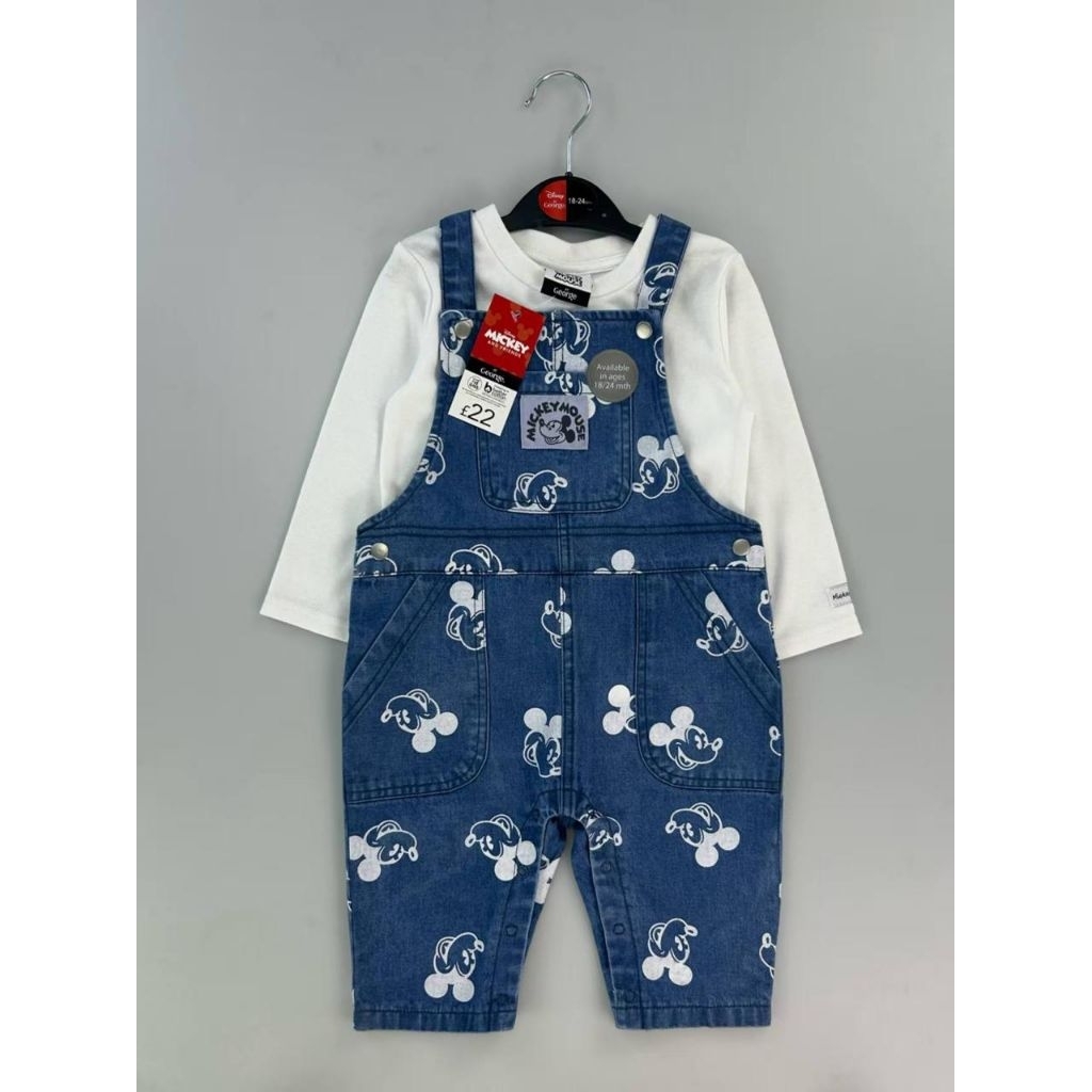 One set baju kodok overall jeans panjang Mickey mouse