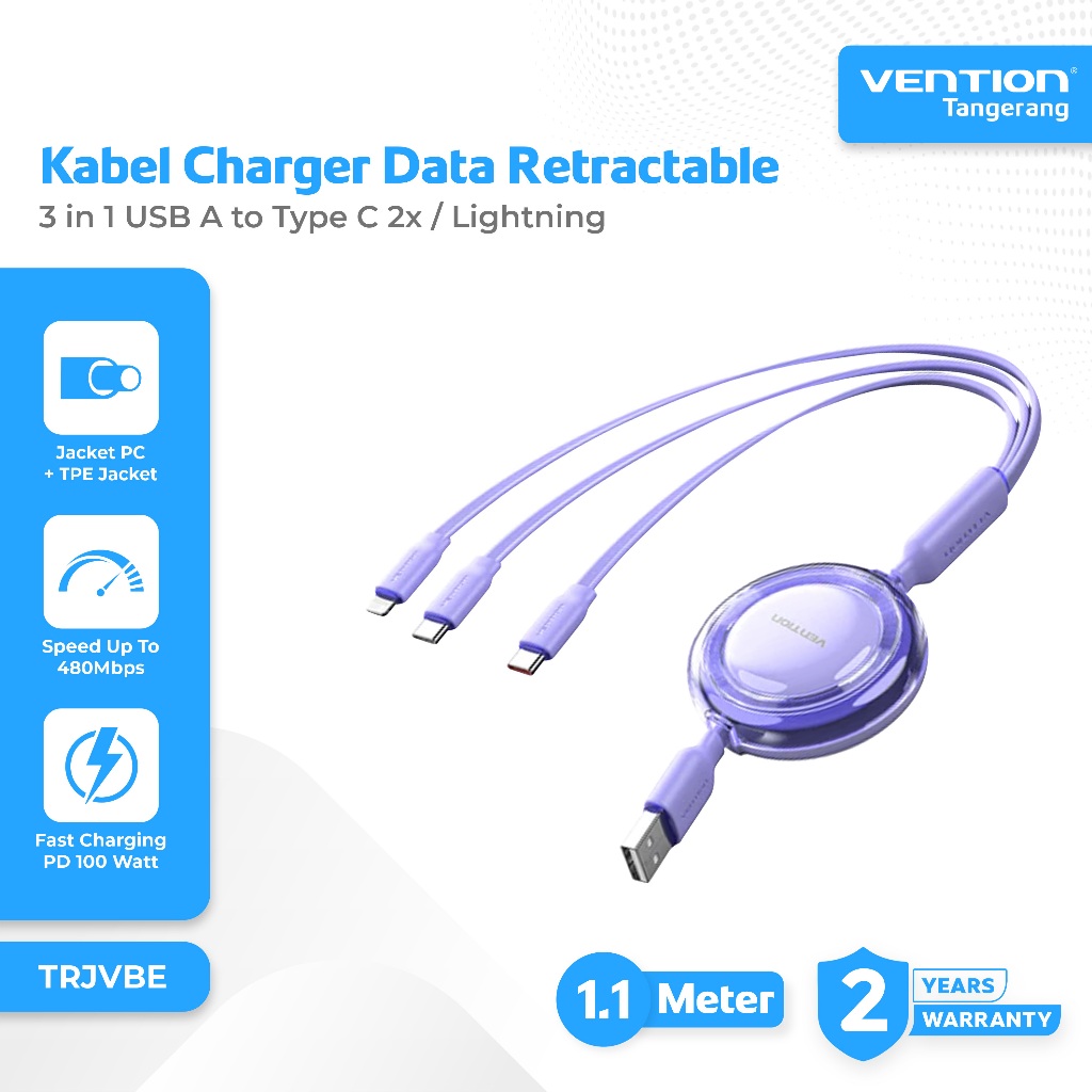 Vention Kabel Charger Data Retractable 3 in 1 USB A to Type C 2x / Lightning Male Fast Charging 3.5A
