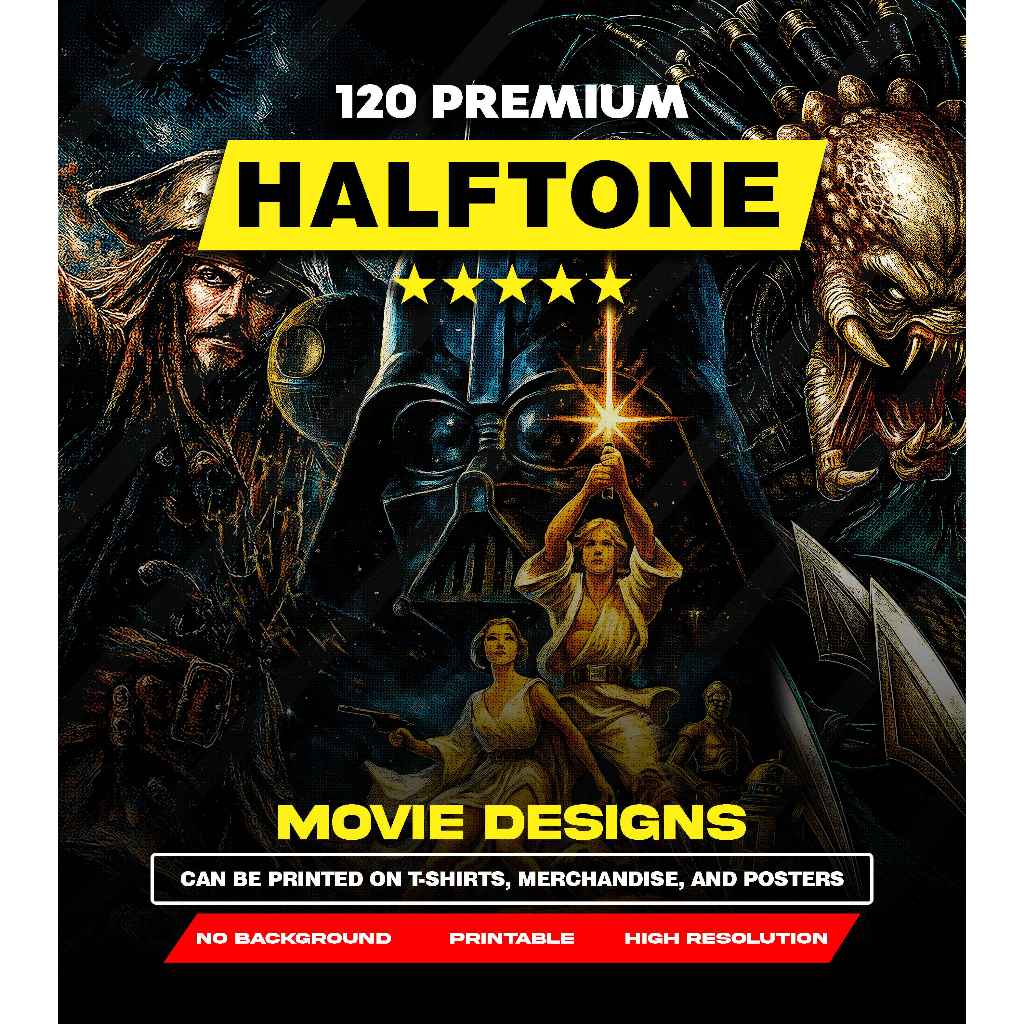 120+ Desain Streetwear Tema Movie Halftone PNG HD – Kaos Hitam – File Digital Siap Cetak DTF DTG – A