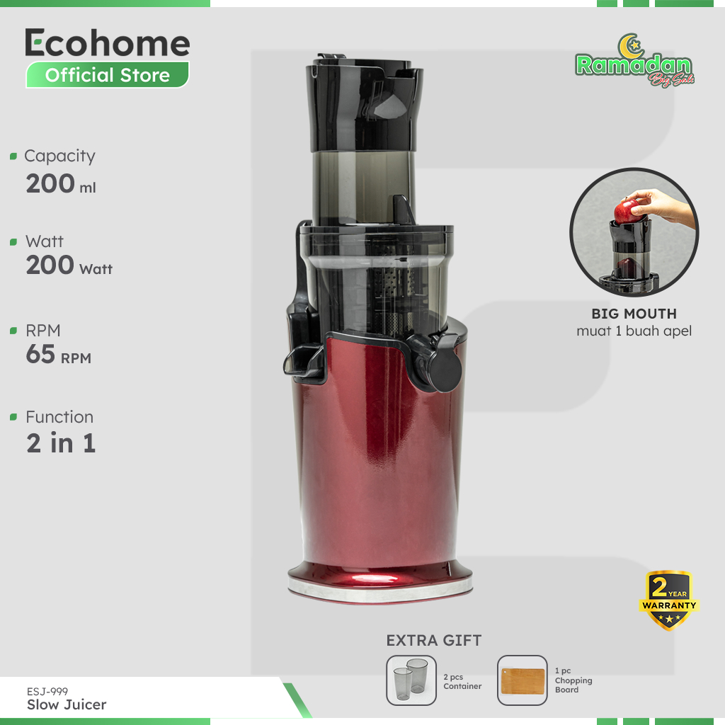 ECOHOME Slow Juicer ESJ999 2 in 1 Function Pengekstrak Buah Tanpa Ampas RPM65 Low Watt & Easy Clean