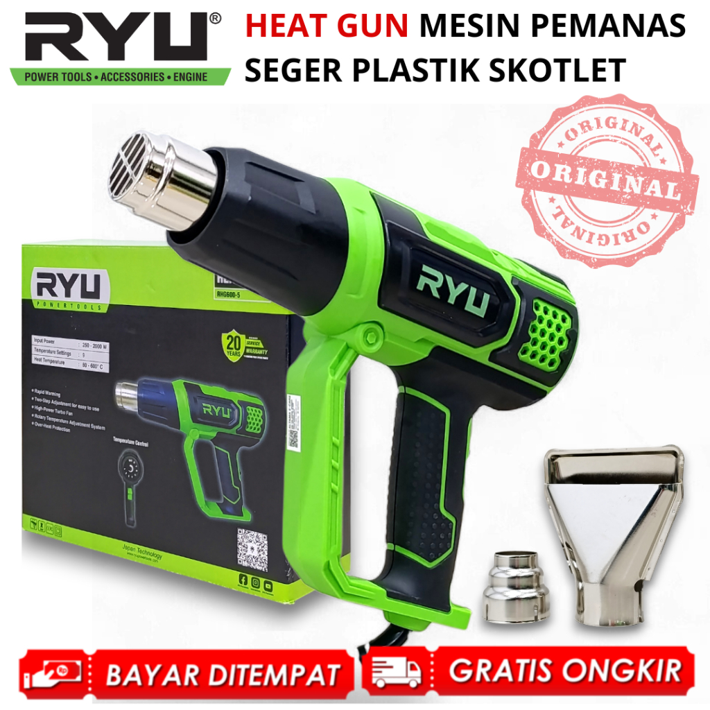 RYU Heat Gun Mesin Pemanas Skotlet Segel Plastik 2 Mode Blower Pistol Hot Air Gun RHG 600-5 AMAN