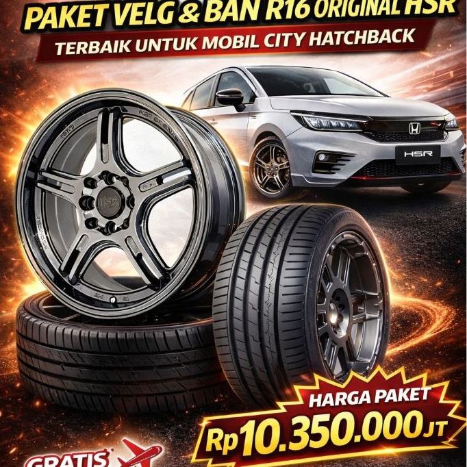 Paket Velg + Ban R16 HSR Original FE04 Black Chrome untuk Honda City Hatchback | Gratis Ongkir