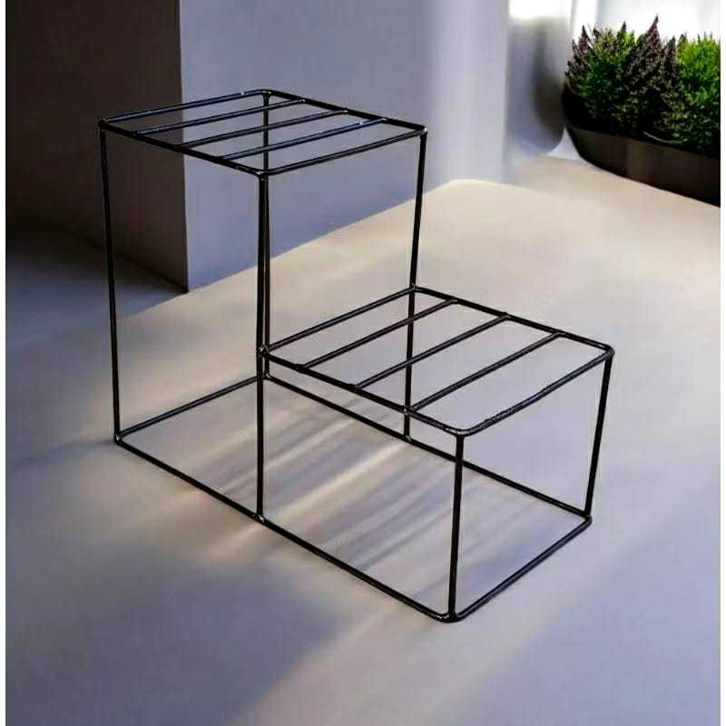Rak Pot Bunga Besi 2 Susun Minimalis, Panjang 40 cm, Lebar 20 cm, Tinggi 30 cm, Warna Hitam