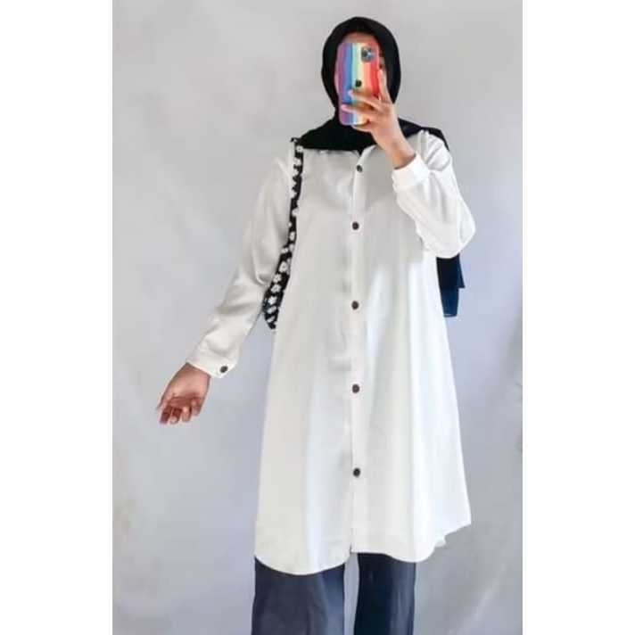 Kemeja Tunik Wanita Dewasa Crinkle Lengan Panjang Polos Putih Hitam All Size XL