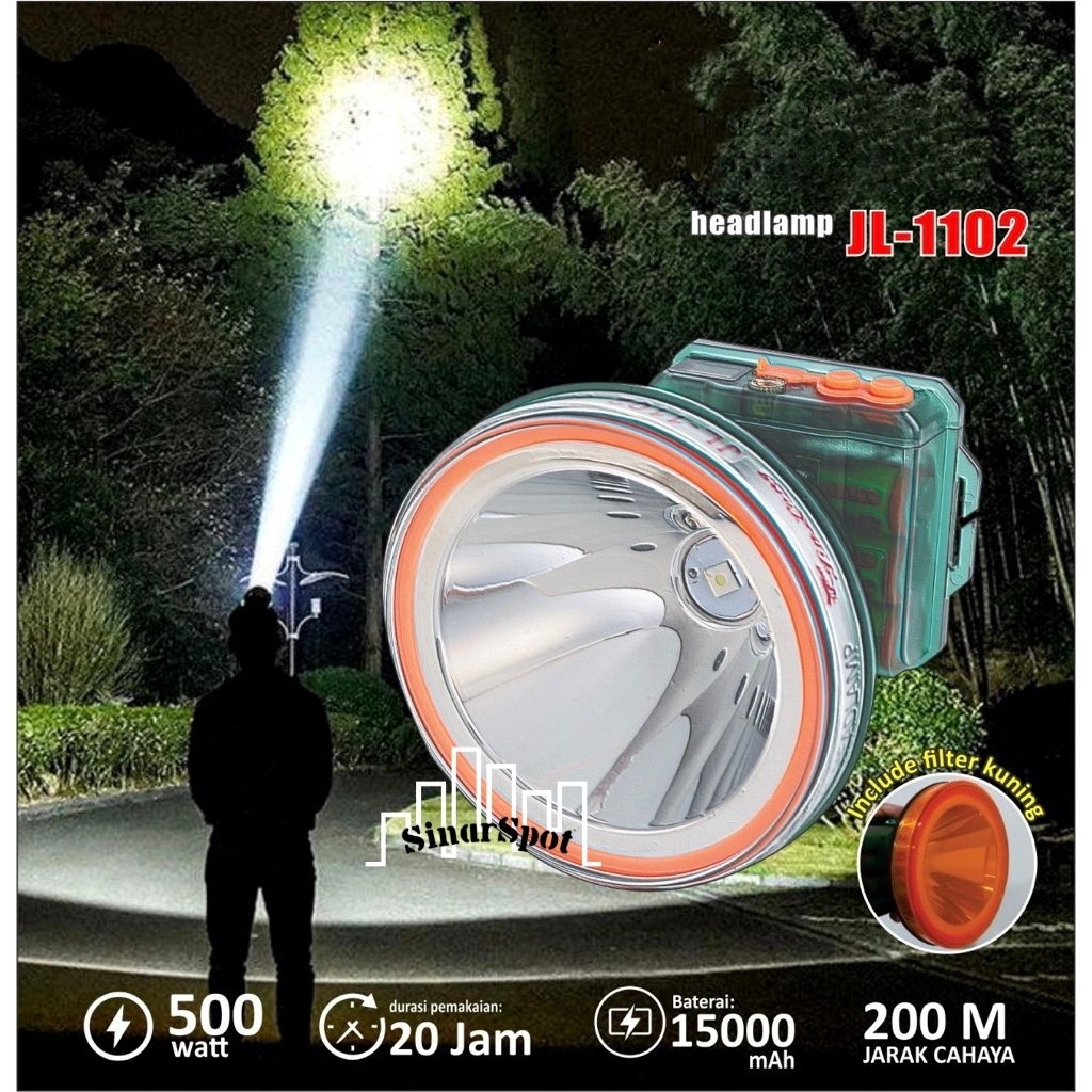 senter kepala JINLONG JL-1102 500 watt waterprof dengan cahaya putih+lensa kuning