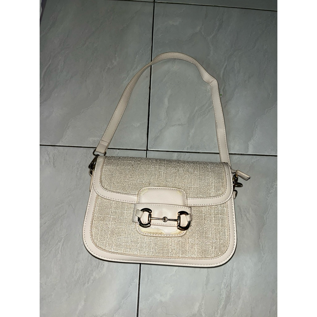 [PRELOVED] HANA Morra Sling Tweed Bag M3150 - Beige