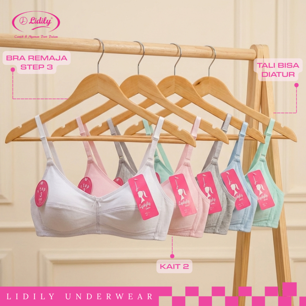 LIDILY - Bra Sport LZ220 Tanpa Busa, BH Remaja Step 3 Tanpa Kawat Nyaman Dipakai Sehari-hari