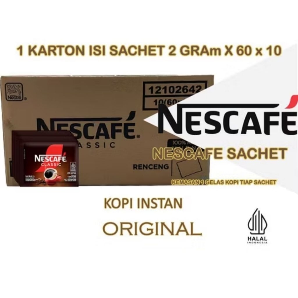 Nescafe Classic Sachet Kopi Hitam Tanpa Gula Instan 2 gram sachet 1 Dus isi 60 Renceng x 10