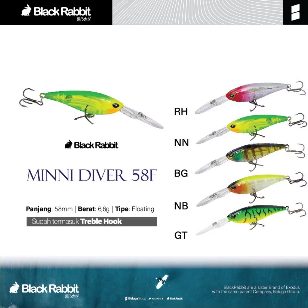 Minni Diver 58F Lure Minnow Muara Umpan Casting Black Rabbit