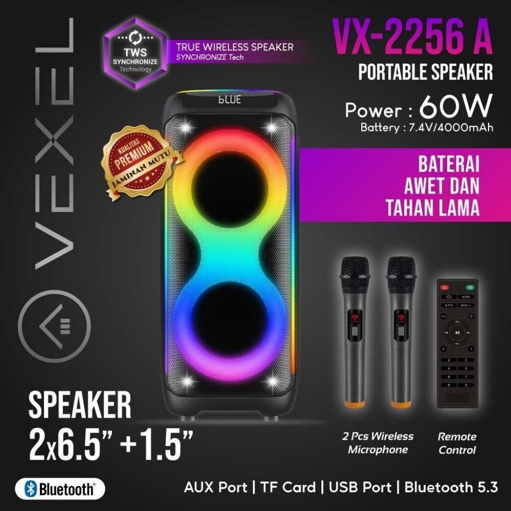 VEXEL VX-2256A Portable Speaker 60W Bluetooth 2 Mic Wireless