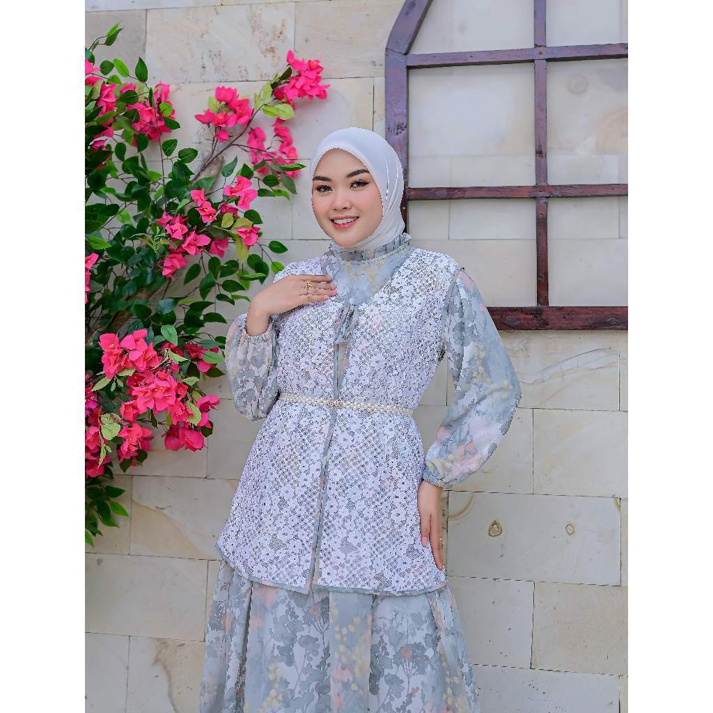 LIBUNCA  BOUTIQUE - Midi Dress Wanita Muslim Krah Shanghai Variasi Pernik Mutiara Non Busui. Bahan C