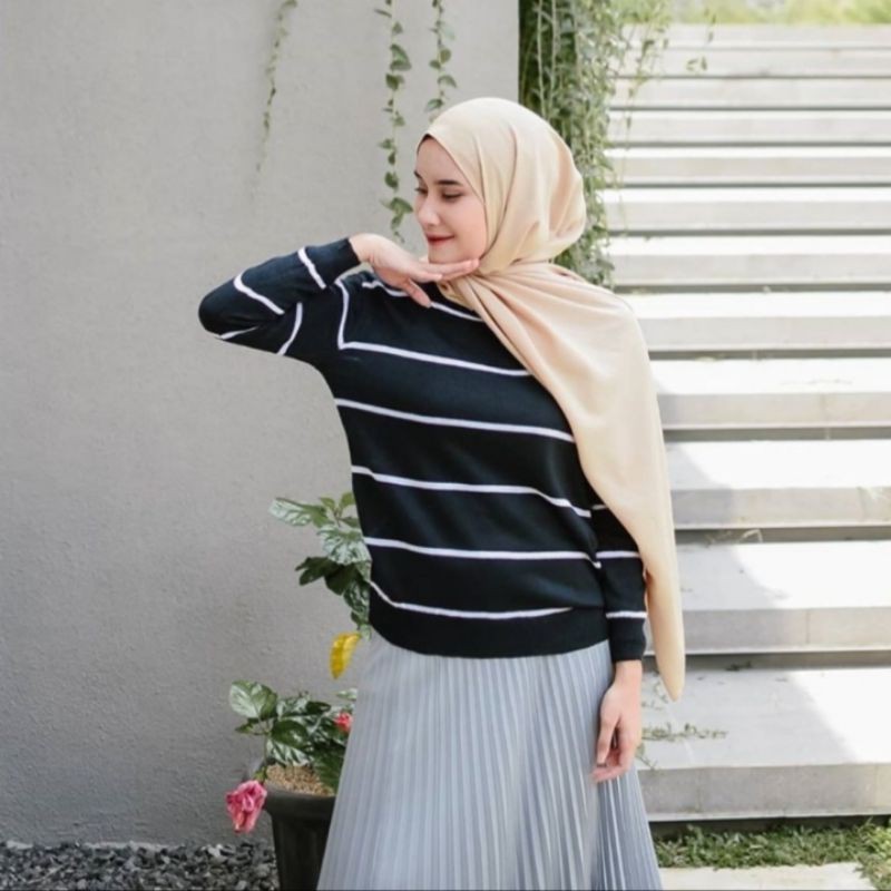Sweater rajut salur wanita - jaket rajut kancing polos dewasa - sweater rajut stripe
