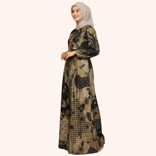 BATIK GAMIS WANITA MOTIF COKLAT ELEGAN BAHAN KATUN ASLI PEKALONGAN
