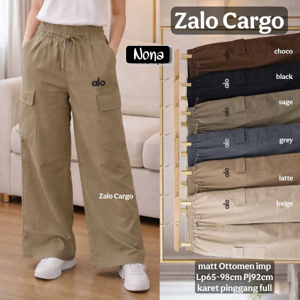 Zalo Cargo Celana Panjang Cargo Wanita Original ALO Ottomen Import Pinggang Karet Full Highwaist Cas