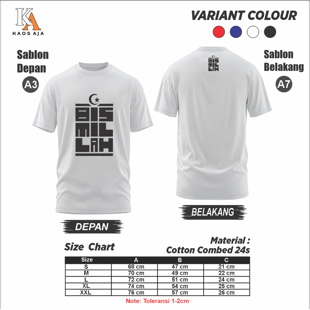 Kaos Custom Sablon Satuan 24s DTF | BISMILLAH | Bikin kaos Satuan | Premium | Kaos Murah