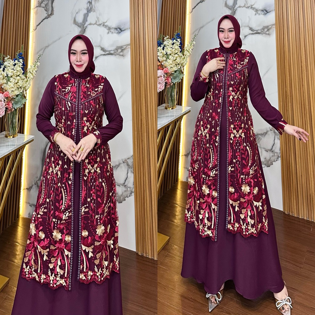 Luna Melayu Brokat Tile Dress Gamis 2 Layer Baju Busui Gamis Outfit Elegant Kondangan Muslim Wanita 