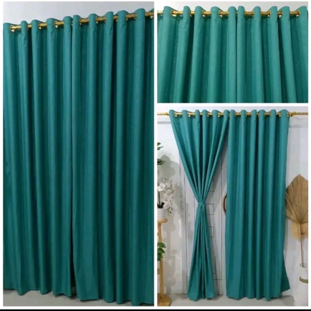 Gorden motif polos embos hijau tosca smokering 10 ring L 120 cm X P 220 cm untuk jendela dan pintu