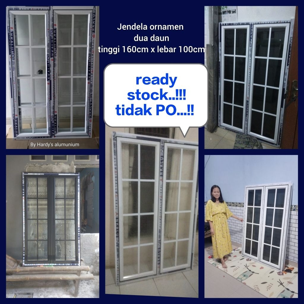 jendela aluminium cesment L100 x T160  lengkap model ornamen dua daun hitam ,putih,coklat 3 inci dan