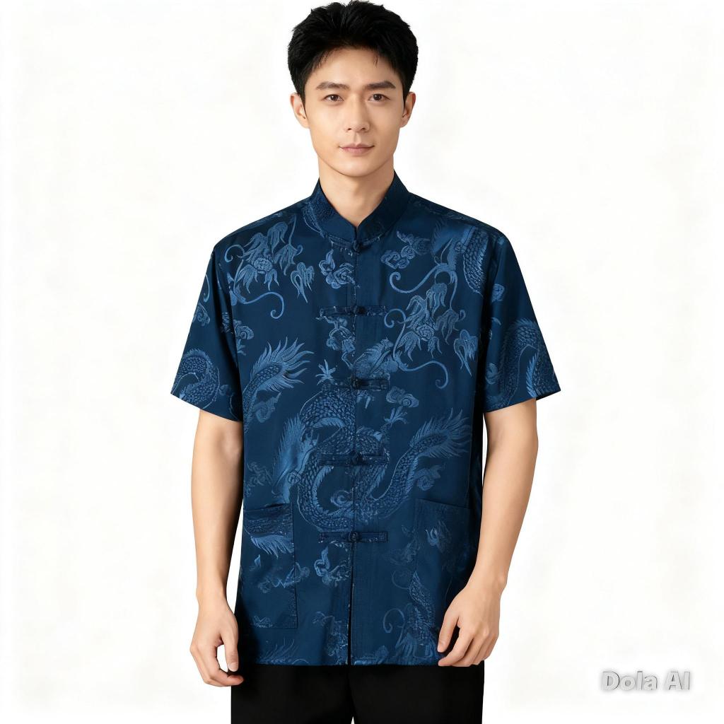 Promo Edisi Imlek Cheongsam Pria Lengan Pendek Kemeja Formal Baju Tradisional China Qipao Motif NAGA