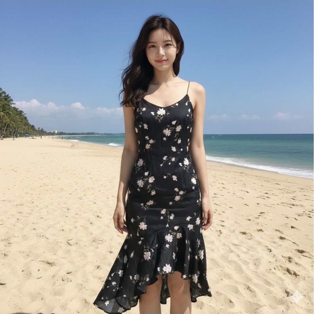 Korean Summer Floral Mermaid Midi Dress / Hitam Black Floral Midi Dress Korea