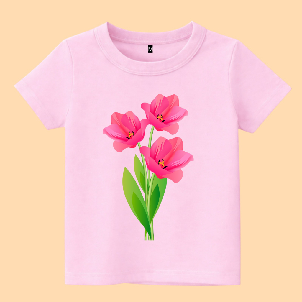 baju kaos anak gambar bunga tulip merah muda