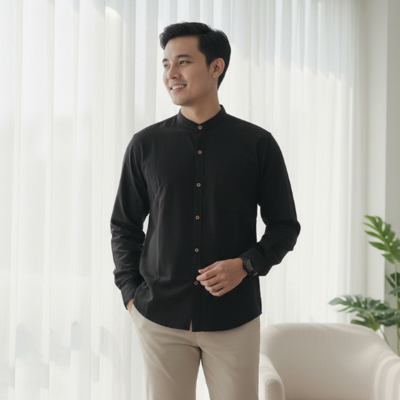 Hanzain Syamil Series - Kemeja Koko Pria Lengan Panjang Warna Hitam - Katun Premium