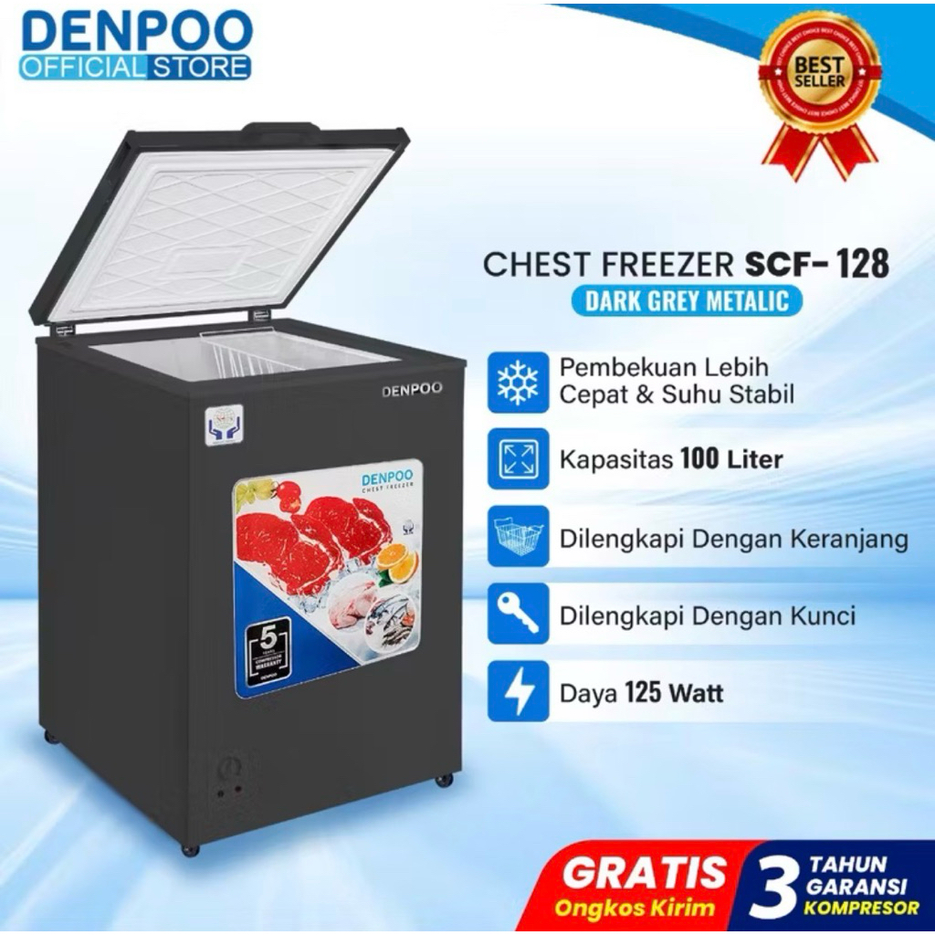 New Denpoo SCF 128 Abu Metalic - Freezer Box 100 Liter Chest Freezer