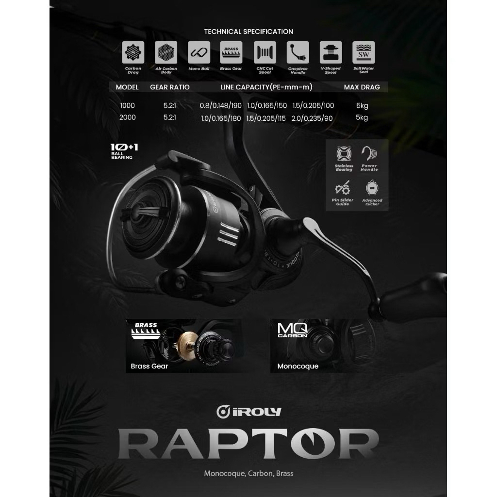 Reel Iroly Raptor SW MQ Carbon 1000 2000 Ultralight