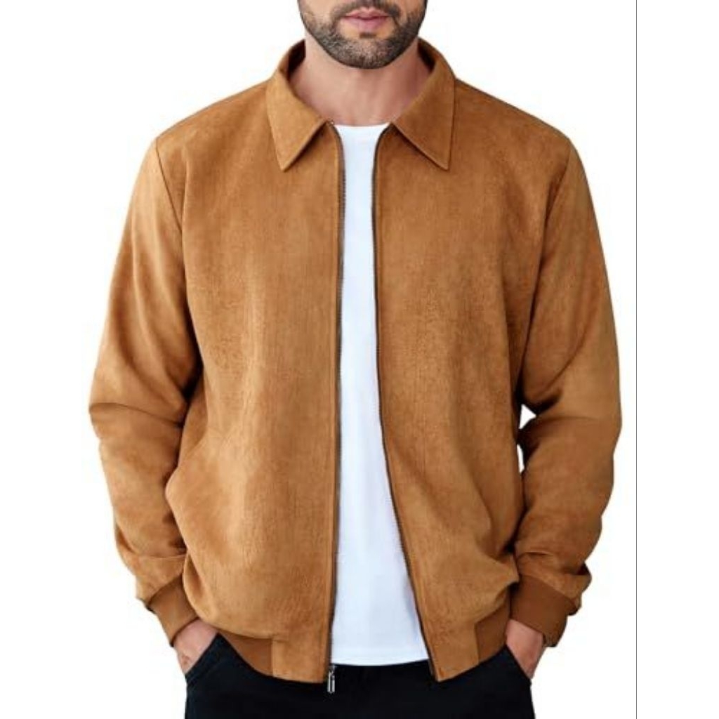 Jaket Pria Kulit Suede Coklat Model Zipper Modern untuk Gaya Casual