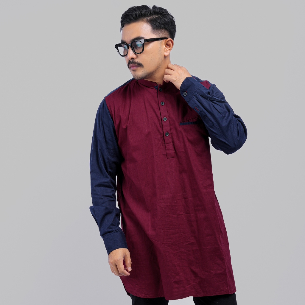 DGM Kemeja Pria Lengan Panjang Linen Kerah Koko Kombinasi Merah Navy 6353