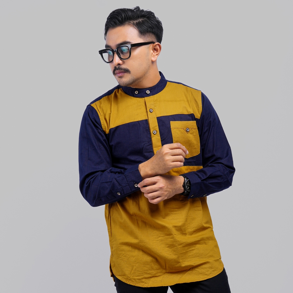PAKAJI Baju Koko Pria Lengan Panjang Kombinasi Katun Cigarette Premium Mustard Kemeja Koko 6747