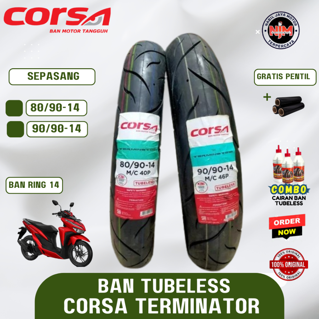 Paket Ban Donat 80/90 dan 90/90 Corsa Terminator Tubeless Ring 14 Gratis Pentil