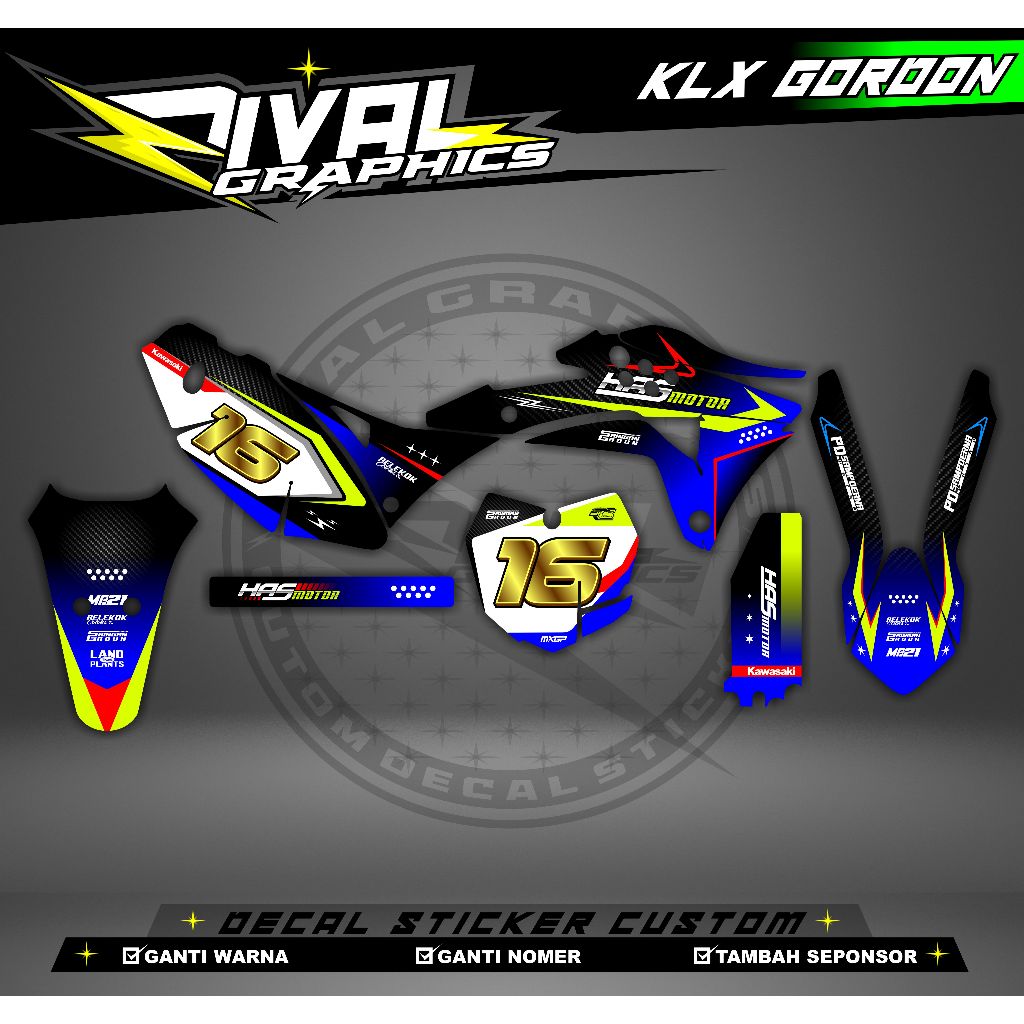 DECAL KLX GORDON GTX KLX GORDON BISA CUSTOM DESAIGN NAMA, NONOR, SPONSOR, WARNA (16)
