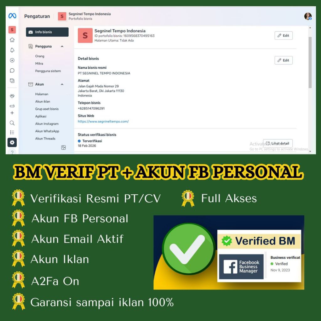 BM (BUSINESS MANAGER) VERIF RESMI PT + AKUN FACEBOOK SIAP IKLAN