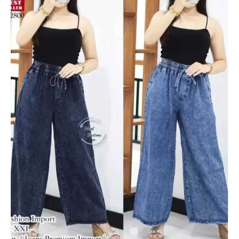 Celana Kulot Jeans Wanita Vintage Pinggang Karet Lipat Jeans Import Hitam Biru M-XXL