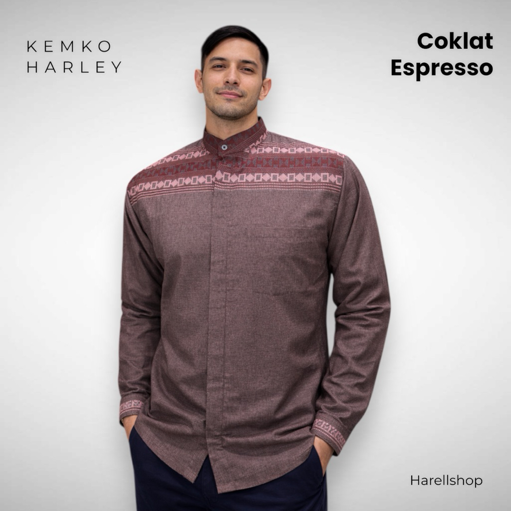 Kemko Harley Pria Lengan Panjang Coklat Espresso | Baju Koko Modern Katun Adem | Koko Premium Elegan