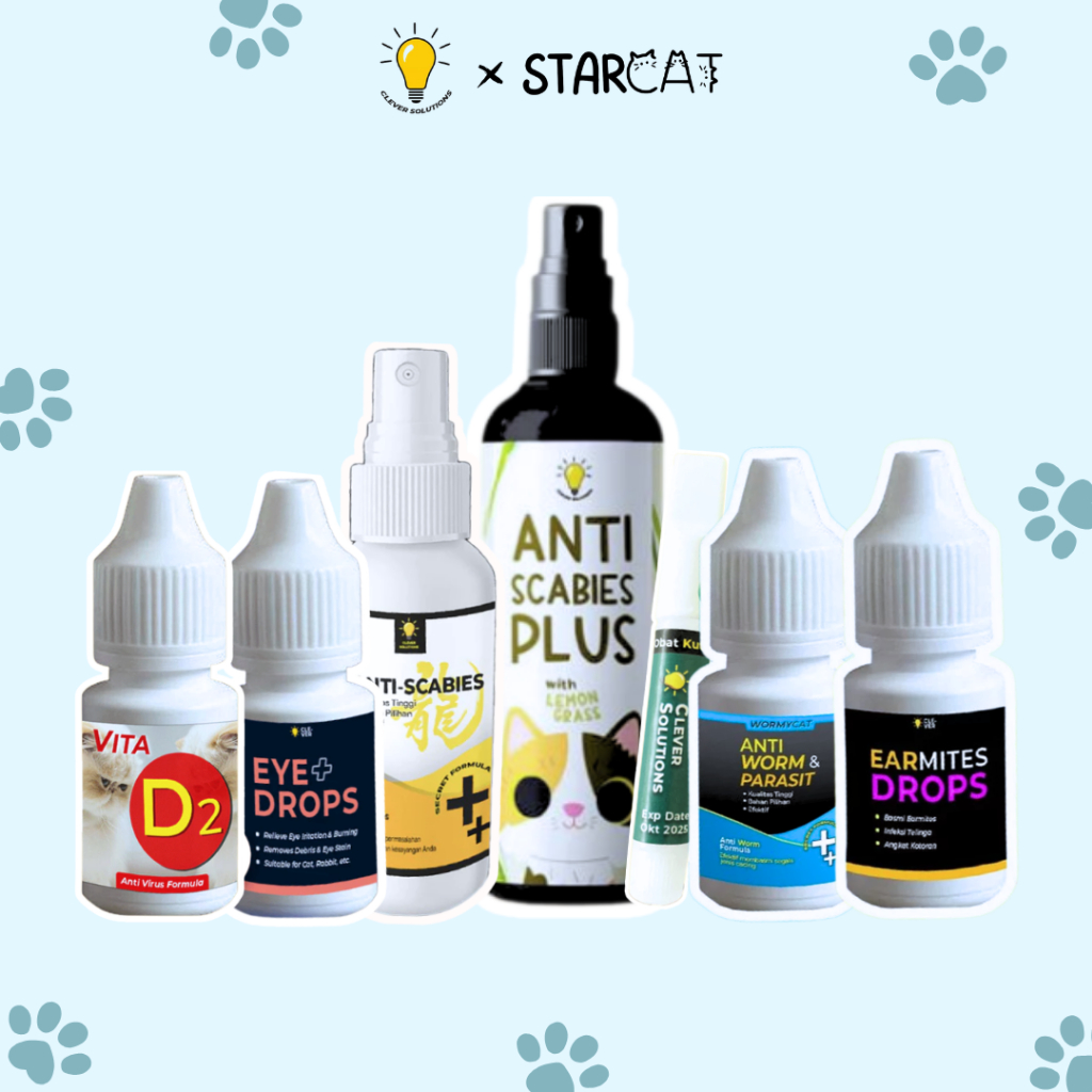 SC CLEVER SOLUTIONS Obat Tetes Spray Scabies Kucing Anti Jamur Mata Cacing Vita D2 Flu Berat