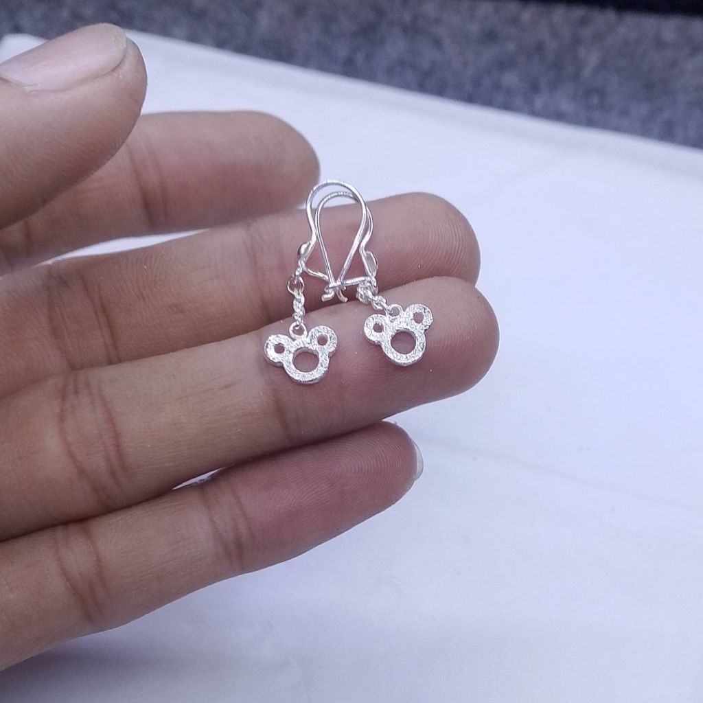 anting perak kait anak bayi mickey mouse perak murni asli