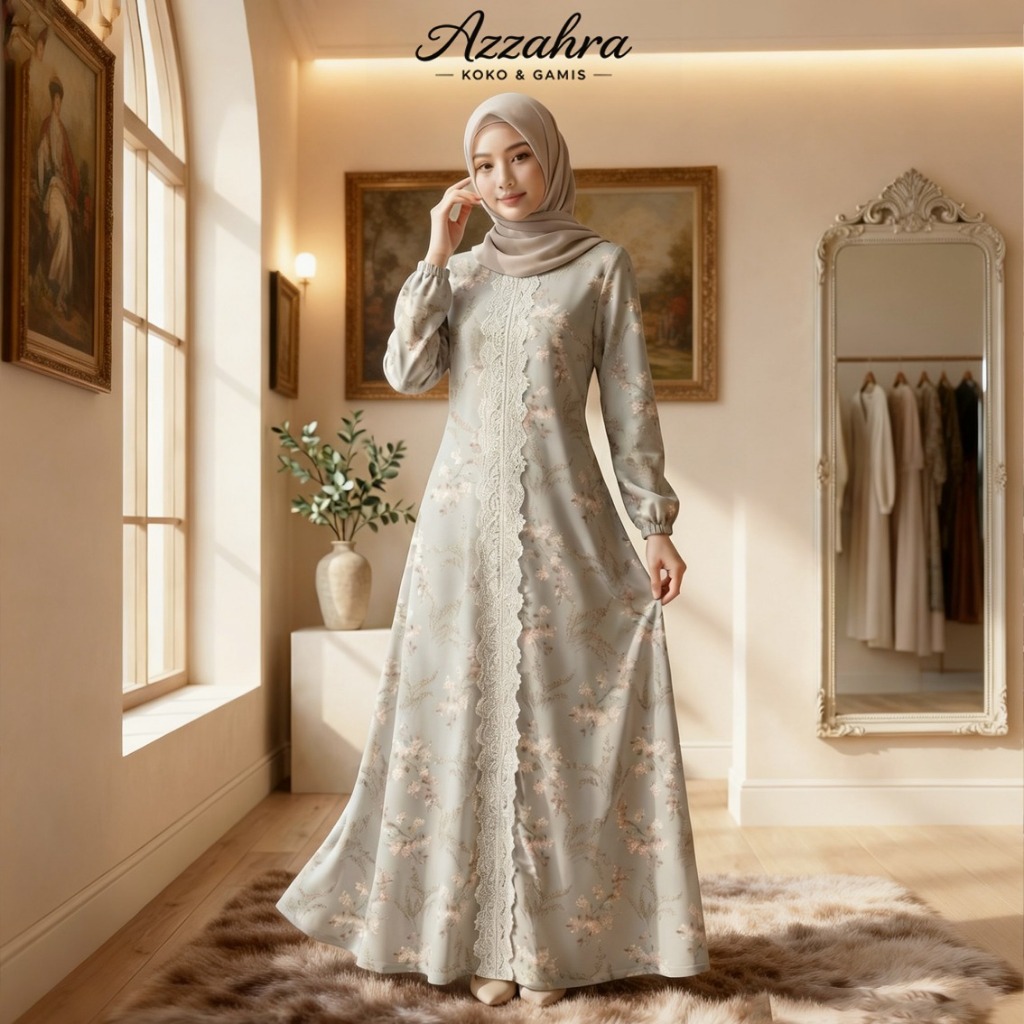 Azzahra Gamis Wanita Doby Premium Motif Elegan – Dress Muslimah Lengan Panjang Busui Friendly ALL SI