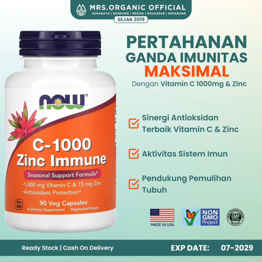 NOW Vitamin C-1000 Zinc Immune Isi 90 Caps - Vitamin C 1000 + Zinc untuk Imunitas & Antioksidan