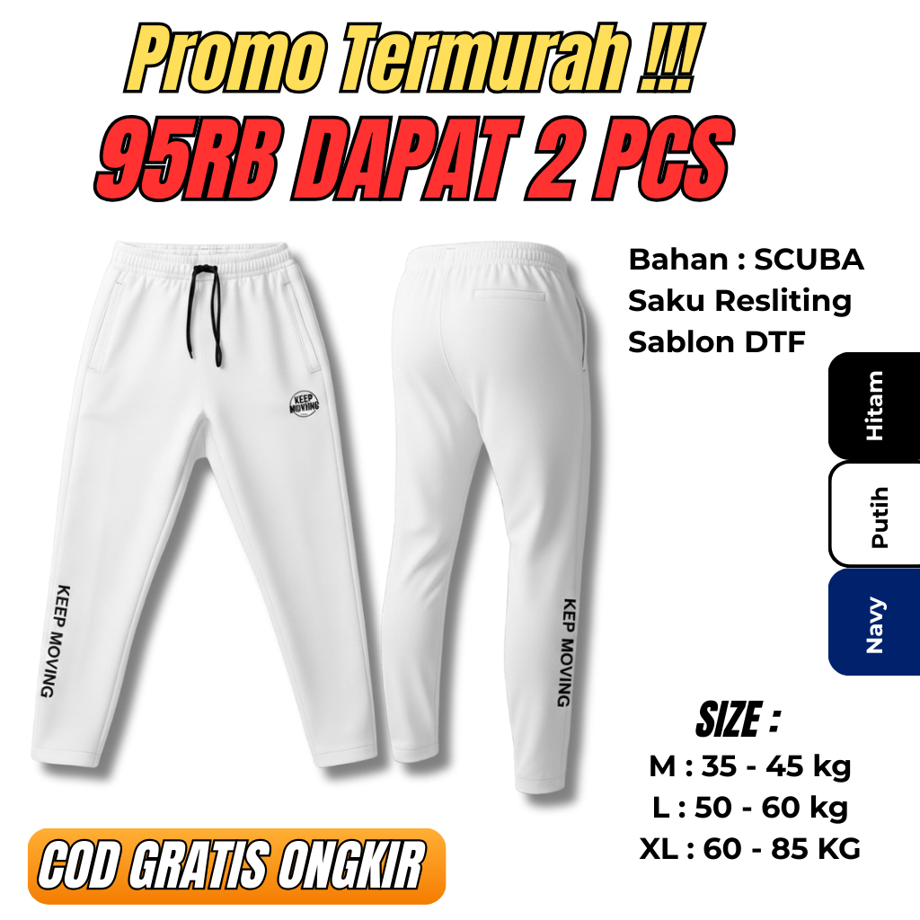 Celana Training Panjang Scuba Premium Putih - Jogger Sport Olahraga Pria Wanita - Bahan Tebal Adem &
