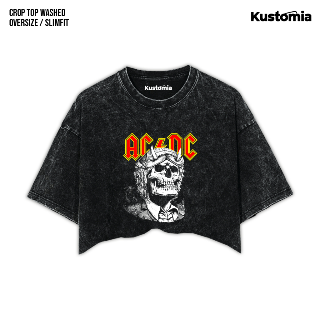 KUSTOMIA Crop Top ACDC Washed Crop Tee Black White | ACDC-1