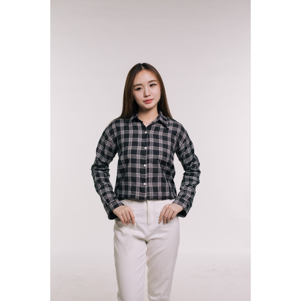 Atasan kemeja wanita motif kotak-kotak bahan katun / kemeja casual kotak wanita