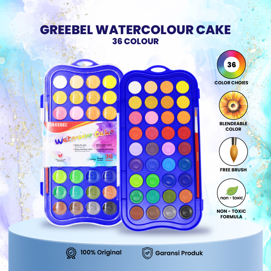 Greebel Cat Lukis Air Set Watercolor Cake Gratis Kuas (36 Warna) Cat Air Cat Lukis Melukis Mewarnai