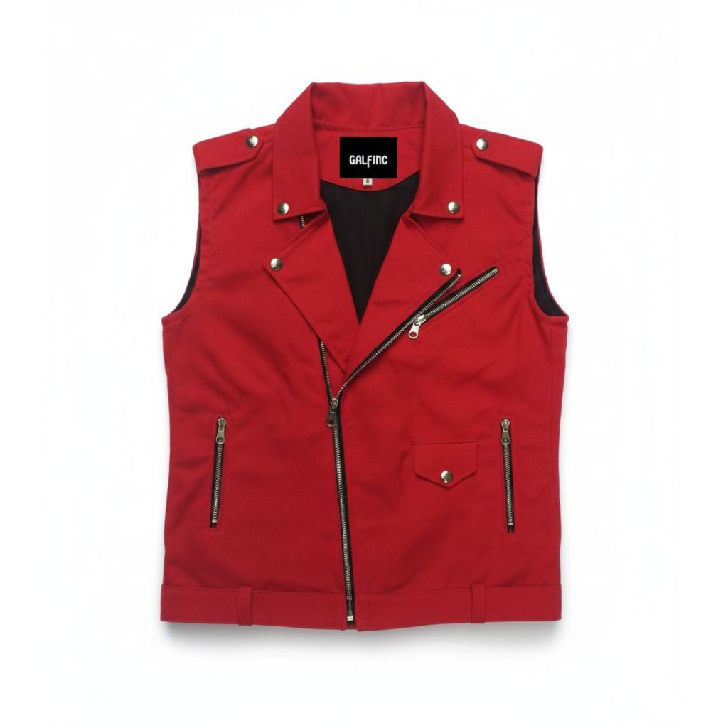 GALFINC Rompi Vest Denim Motor Merah Pria Premium - Collar Biker Red